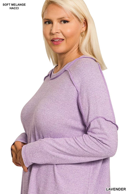 Zenana Full Size Melange Hacci Exposed Seam Hi-low Tee Plus Size