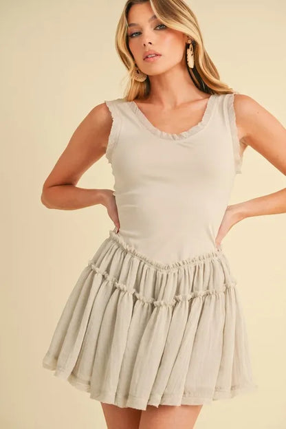 Aemi+Co Frill Sleeveless Drop Waist Mini Dress