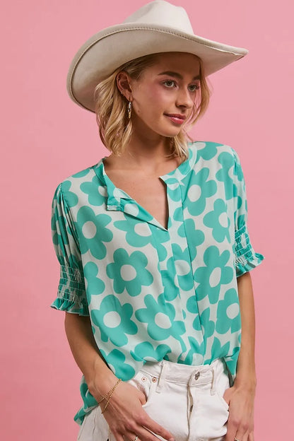 BiBi Flower Printed Woven Smocking Sleeves V Neck Top