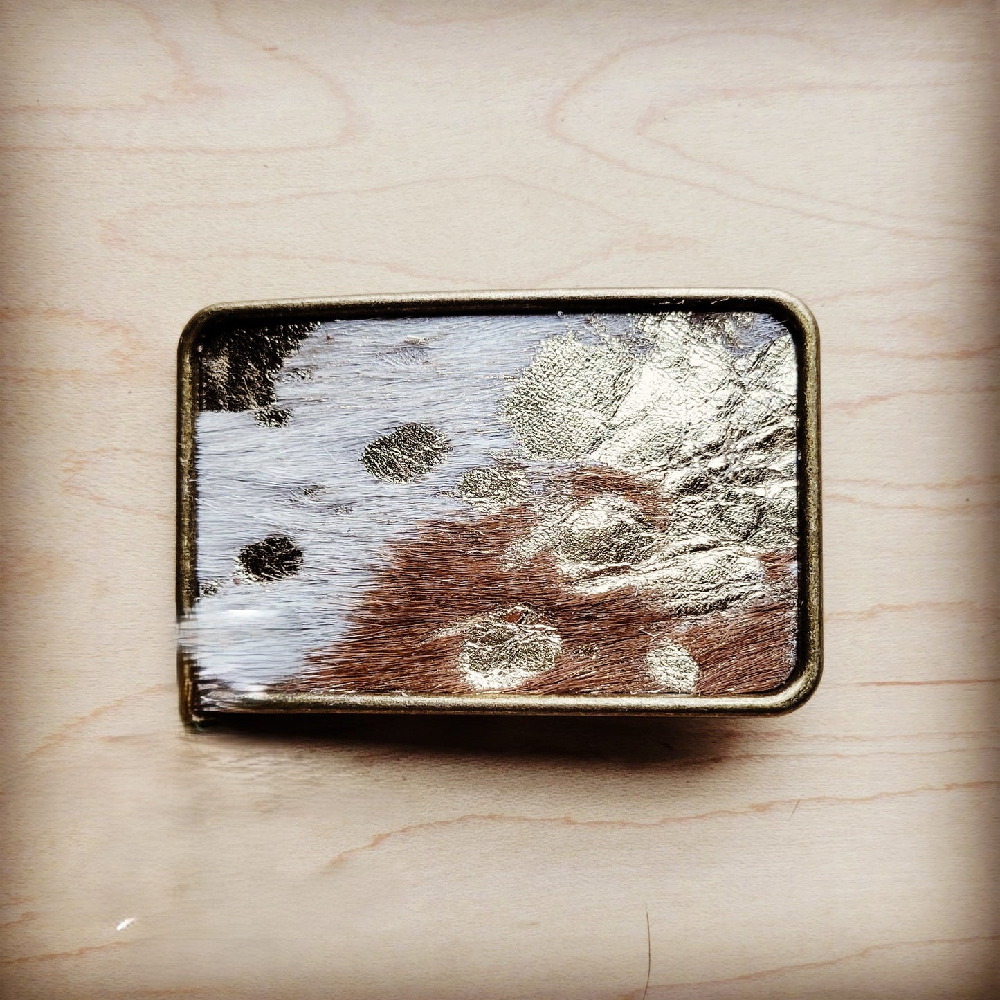 **Rectangle Leather Belt Buckle Mixed Metallic Hair-on-Hide 904q