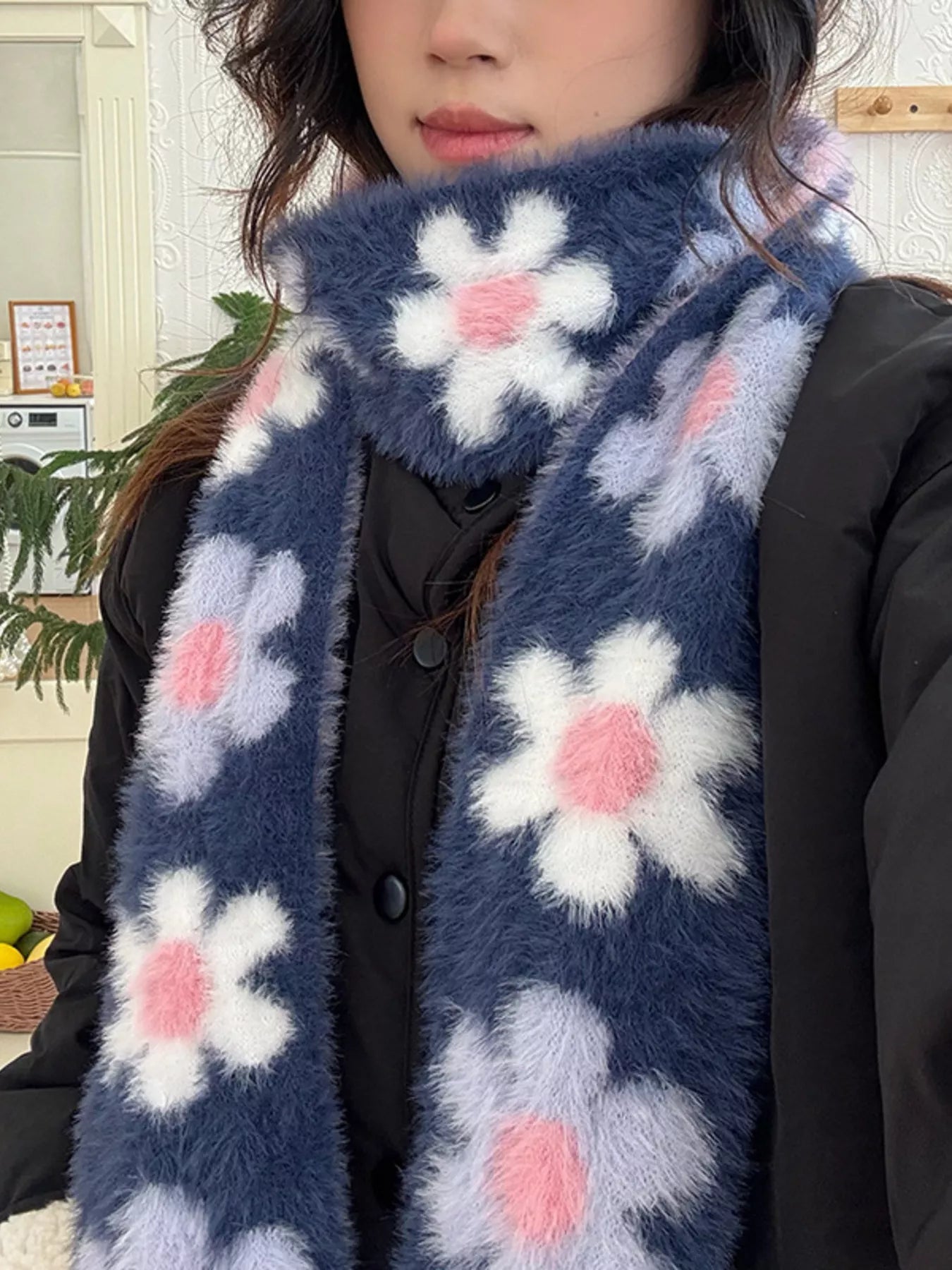 Floral Fuzzy Knit Scarf