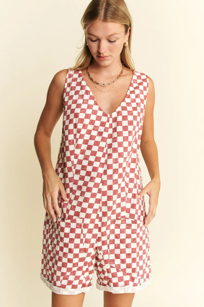 Jade By Jane Plus Size Back Tie Sleeveless Plaid Romper with Pockets