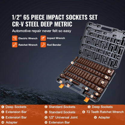 VEVOR Drive Impact Socket Set, 65 Piece Socket Set SAE  Metric 10-24mm, 6 Point Cr-V Alloy Steel For Auto Repair, Rugged Construction, Easy-to-Read Size Markings, Storage Case