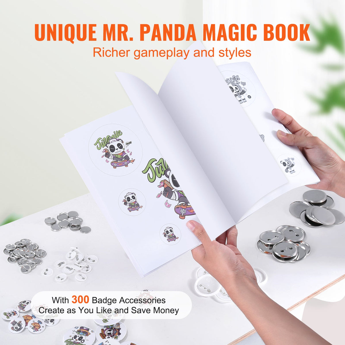 VEVOR Button Maker, 3-IN-1 Pin Maker, With 300pcs Button Parts, Button Maker Machine With Panda Magic Book, Ergonomic Handle Punch Press Kit, For Children DIY Gifts