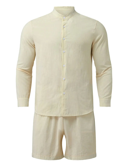 Men's Full Size Button Up Long Sleeve Shirt and Shorts Set Plus Size