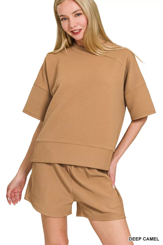 Zenana Ribbed Round Neck Waist Banded Tee & Shorts Set