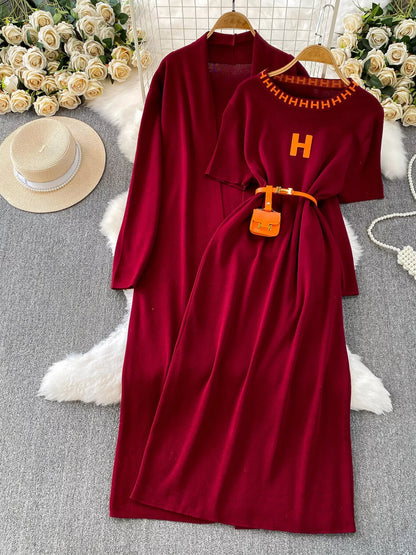 Round Neck Knitted Dress & Cardigan Set