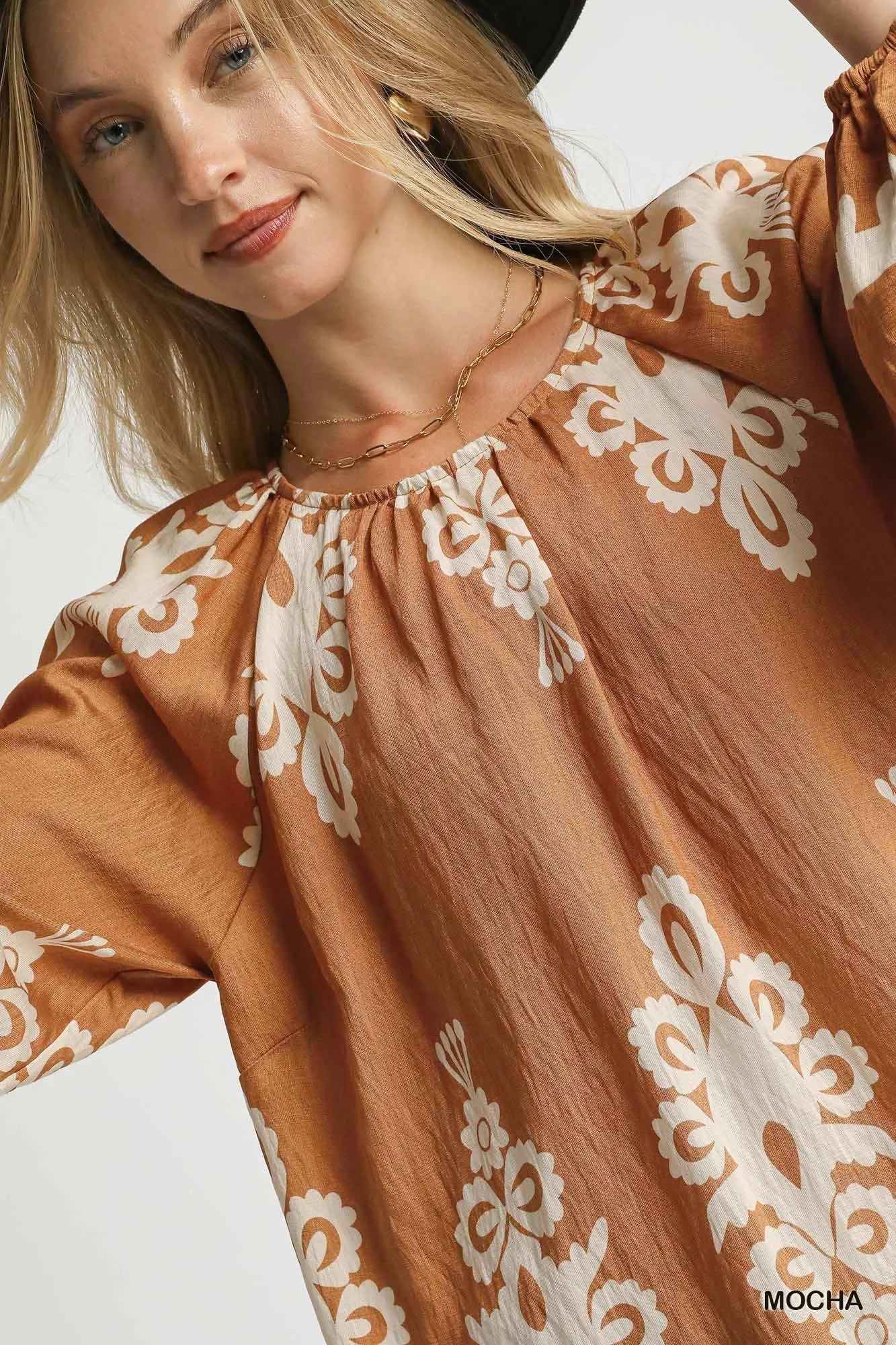 Umgee Full Size Two Tone Border Print Top with Balloon Sleeves Plus Size