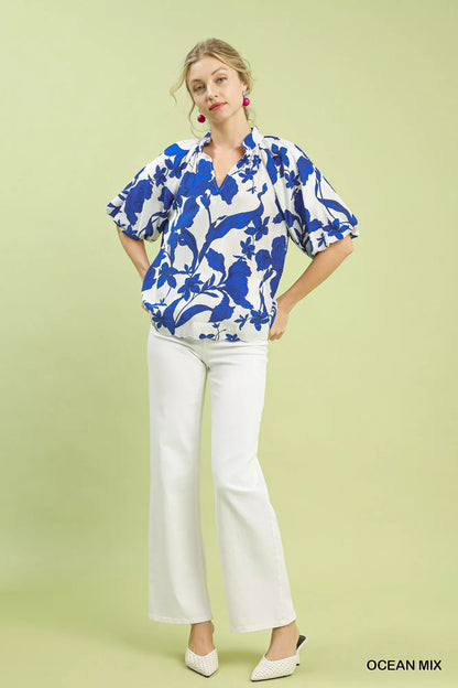 Umgee Floral Print Puff Sleeve Blouse with Scallop Hem