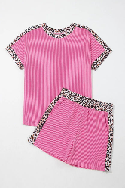 Leopard Trim Twist Ribbed Top and Shorts Set