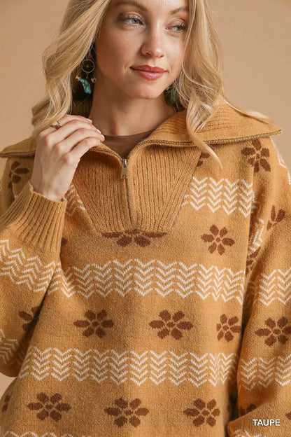 Umgee Floral Patterned Jacquard Quarter-Zip Pullover Sweater