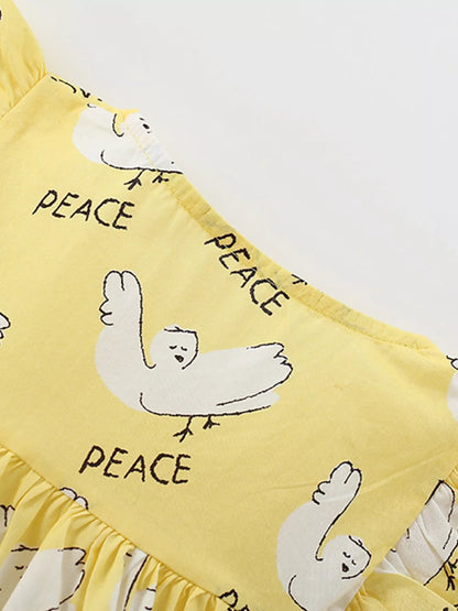 Children's Peace Dove Print Button-Down Ruffle Sleeve Dress
