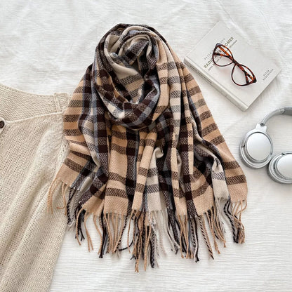 Warm Plaid Fringe Scarf