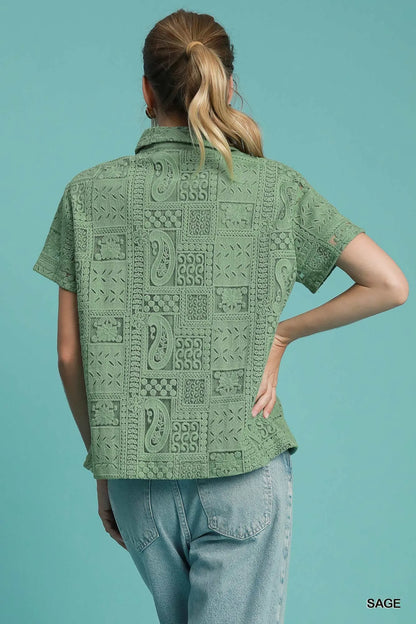 Umgee Patch Lace Short Sleeve Button Down Shirt