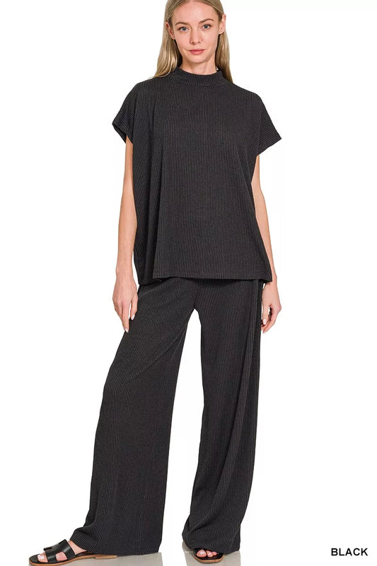 Zenana Raised Rib Short Sleeve Tee & Pants Set