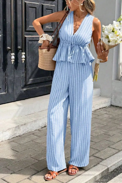 Striped Sleeveless Top and Wide Leg Pants Set