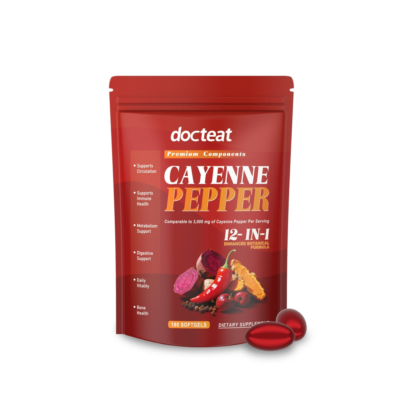 Docteat Cayenne Pepper 12-in-1 Formula Softgels, Premium Dietary Supplement