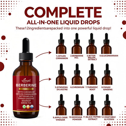 Organic Ceylon Cinnamon Berberine Liquid Drops Supplement With Bitter Melon Extract, Glucomannan, Gymnema, Chromium, Turmeric, Organic Panax Ginseng