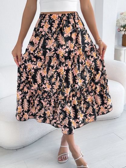 Floral Print Ruffle Hem Flowy Midi Skirt