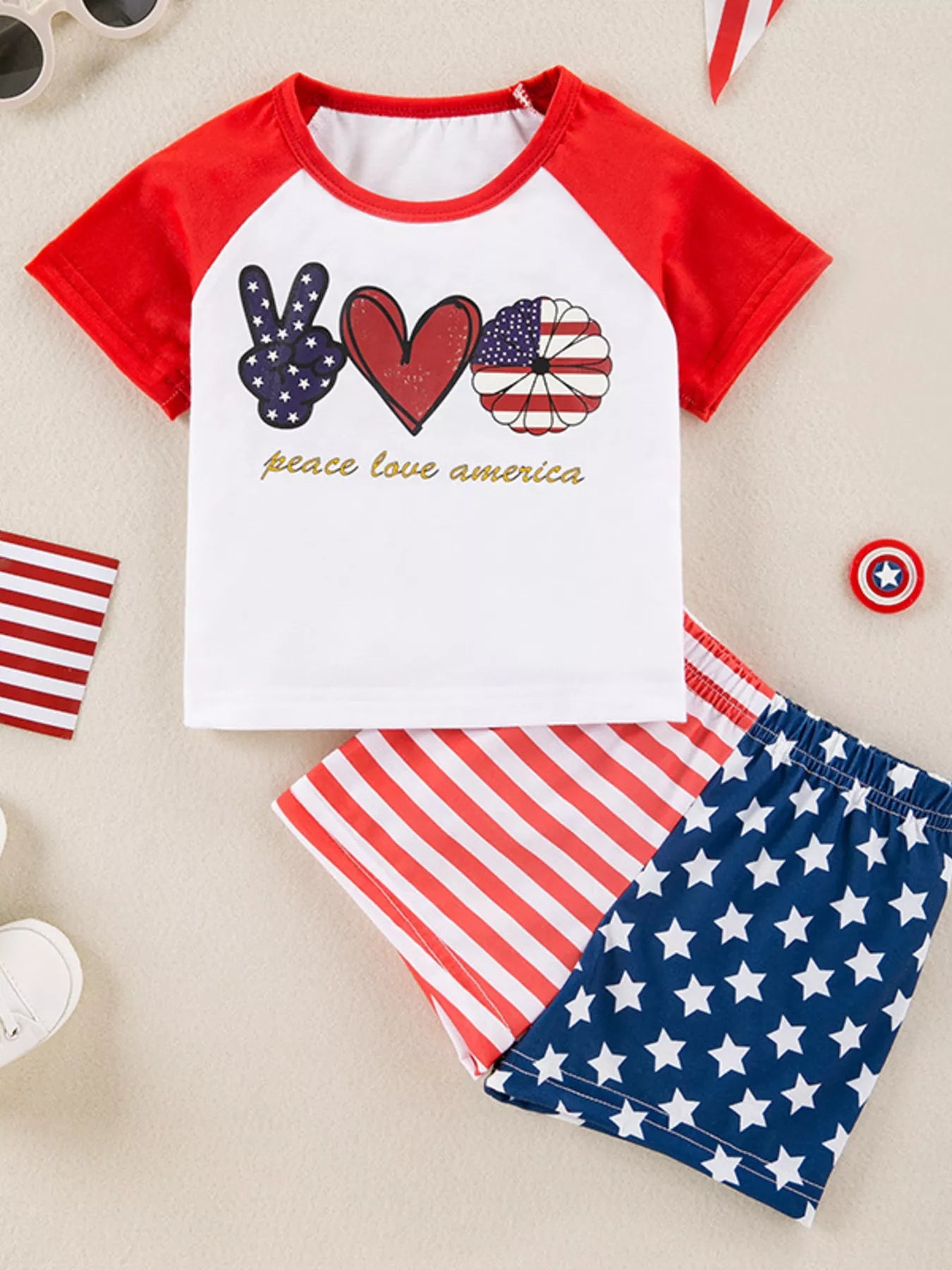 Children's Patriotic Peace Love America Tee and Shorts Set