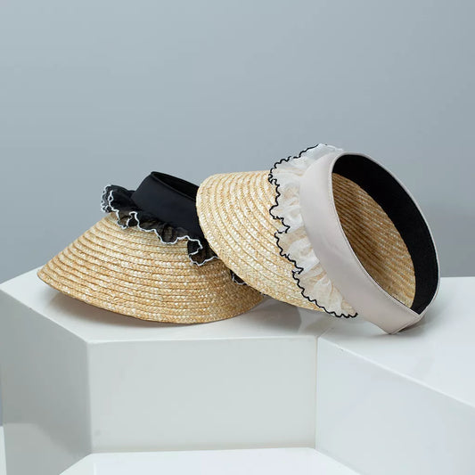 Lace Trim Straw Visor Sun Hat