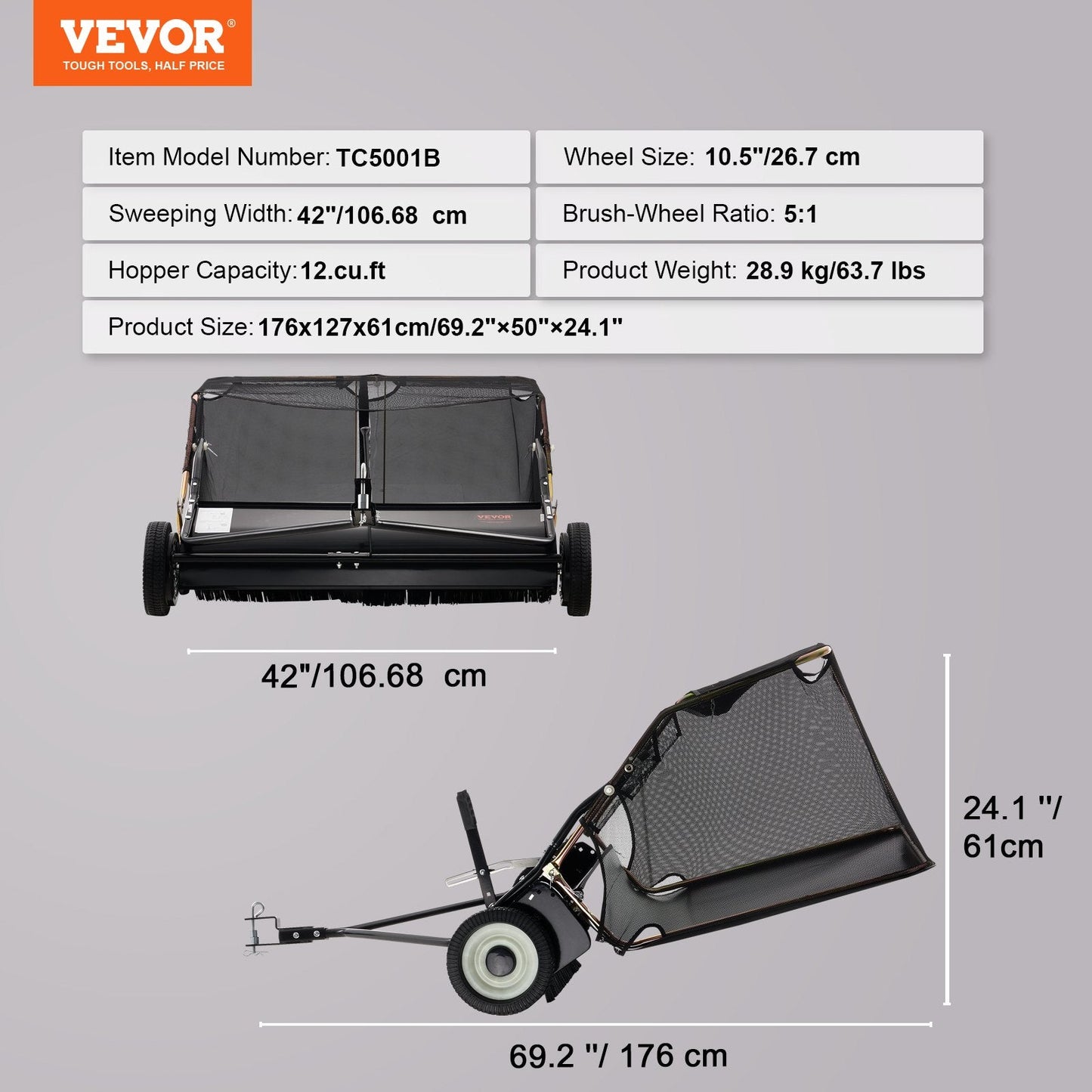 VEVOR Tow-Behind Lawn Sweeper 42-inch Leaf Yard Collector 12 Cu.ft. Adjustable