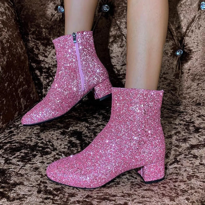 Sequin Round Toe Block Heels Boots