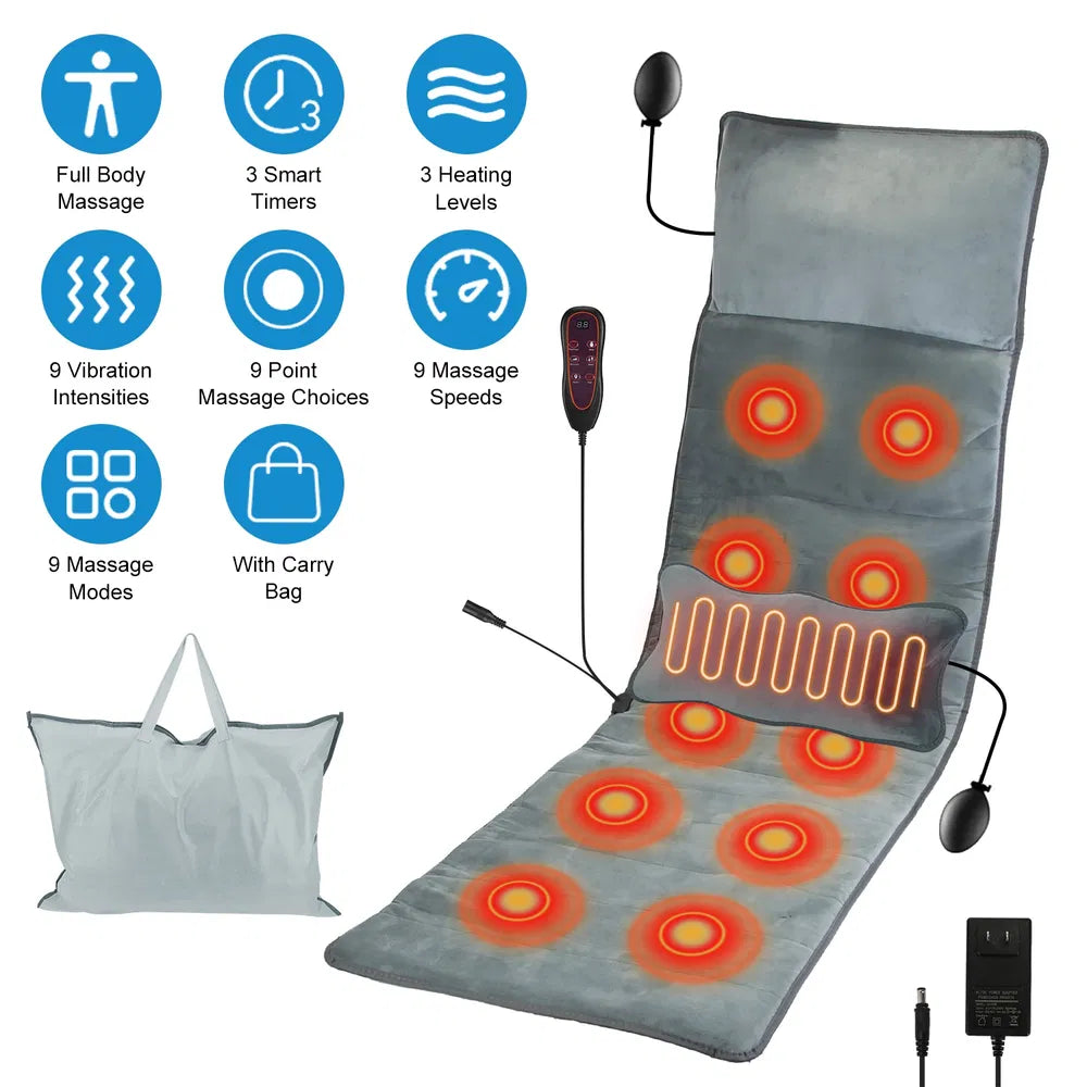 Full Body Electric Massage Mat With Heat Vibration Massage Pad Cushion Back Massage Mattress Chair Pad With Inflatable Head Pillow Lumbar Pillow With 10 Vibration Motors 3 Timers GPCT5281
