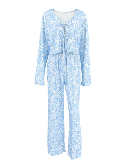 Tie Front Long Sleeve Top and Pants Lounge Set