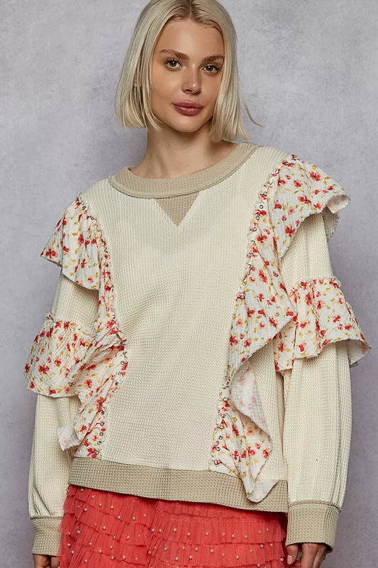 POL Round Neck Sweater with Floral Ruffle Detail