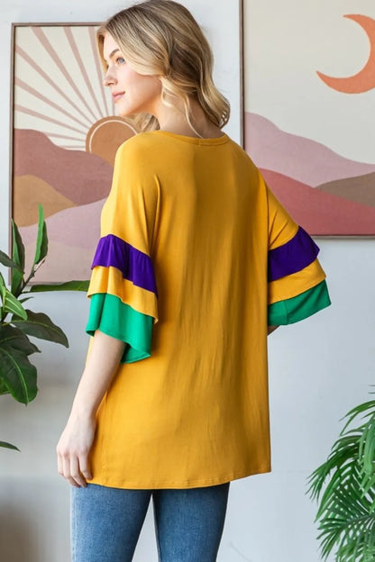 Heimish Full Size Round Neck Color Block Ruffled Half Sleeve Top Plus Size