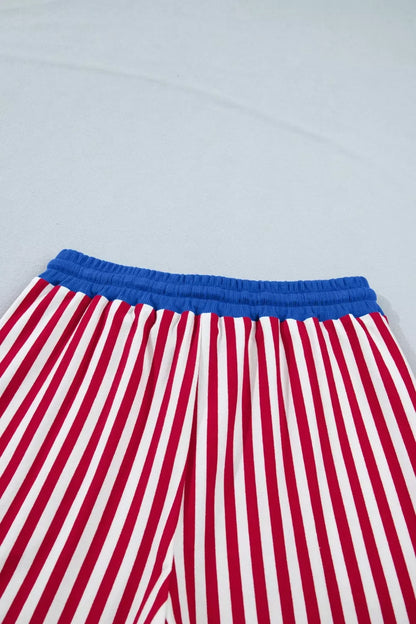 Stripe Colorblock Trim V Neck Tee Drawstring Elastic Waist Shorts Set