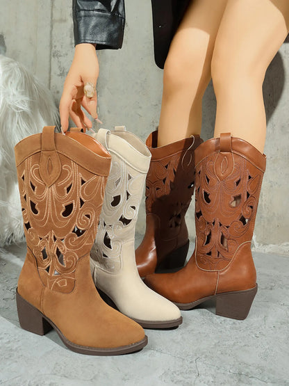 Western Cutout Pattern Block Heel Boots