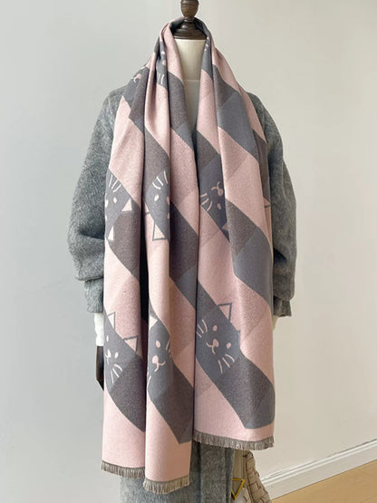 Cute Cat Pattern Plaid Raw Hem Scarf