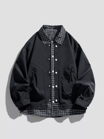 Men's Plus Size Plaid Trim Snap Down Casual Jacket