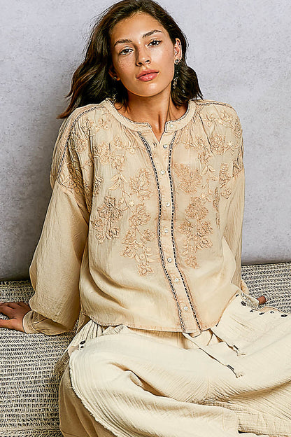 POL Embroidery Button Down Long Sleeve Washed Shirt