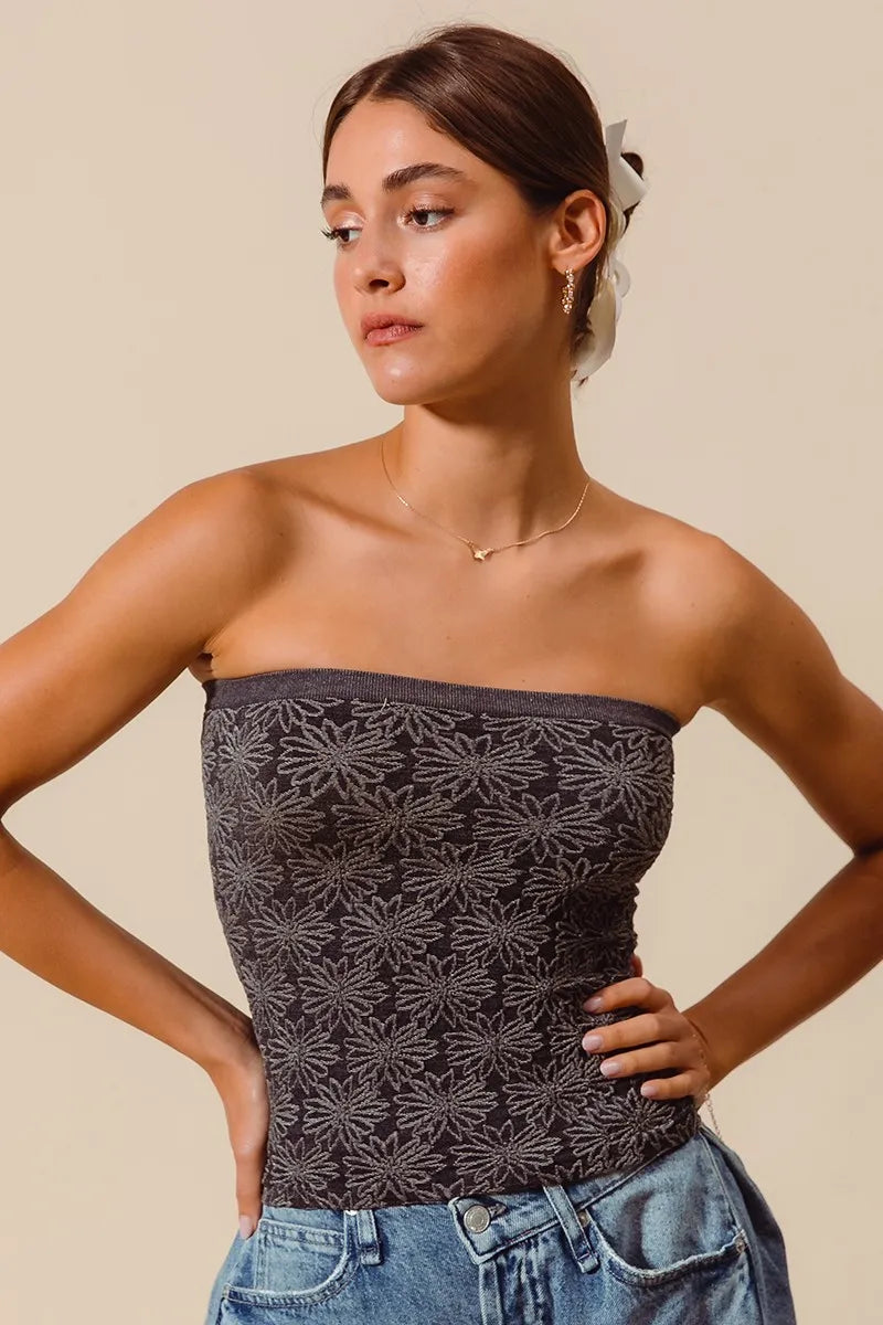 SO ME Jacquard Floral Two Tone Seamless Tube Top