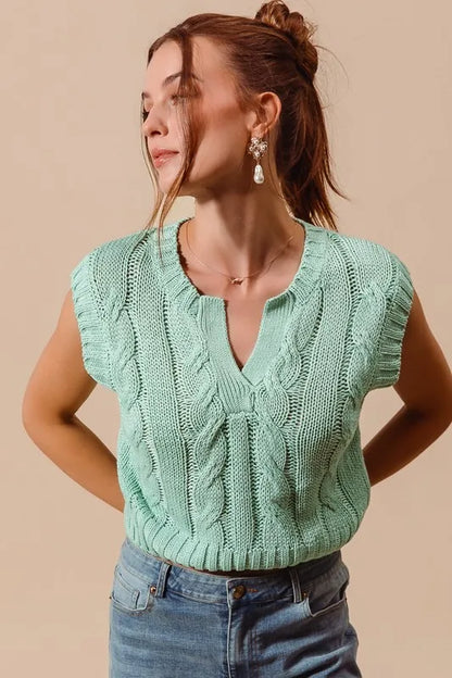 SO ME Notched Neck Cable Knit Sweater Vest