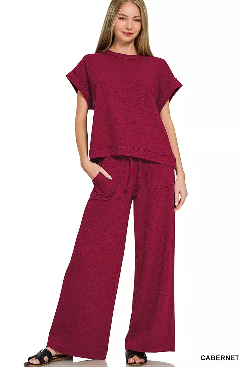 Zenana Cotton Slub Short Sleeve Tee and Pants Set
