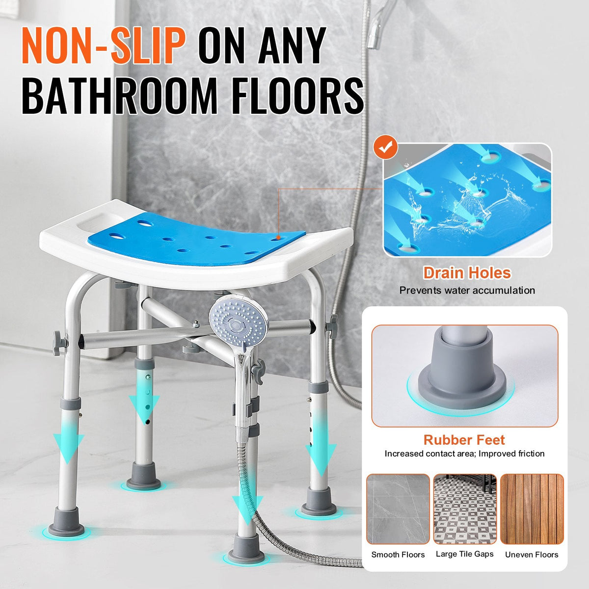VEVOR Shower Chair For Inside Shower, Adjustable Height Shower Stool With Crossbar Support, Shower Seat For Shower Tub, Non-Slip Bench Bathtub Stool Seat For Elderly Disabled Adults Handicap, 500 Lbs