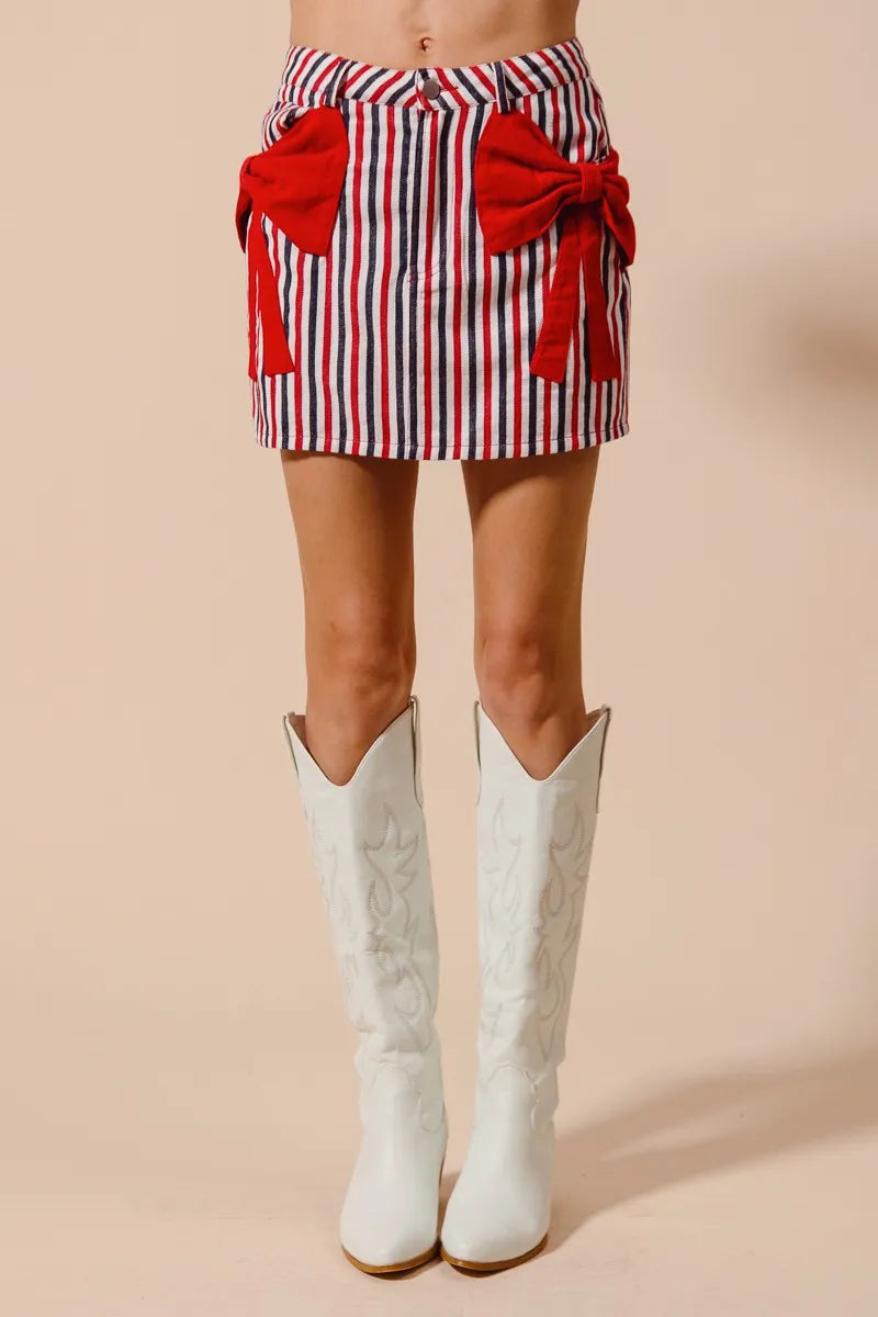 SO ME Contrast Bow Knot Pocket Fourth Of July Denim Skirt