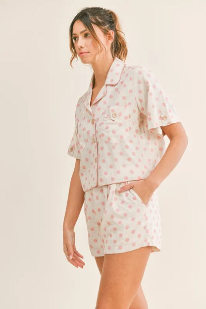 MABLE Polka Dot Collar Crop Top and Short Lounge Set