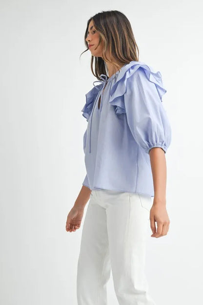 MABLE Stripe Ruffle Shoulder Puff Sleeve Blouse