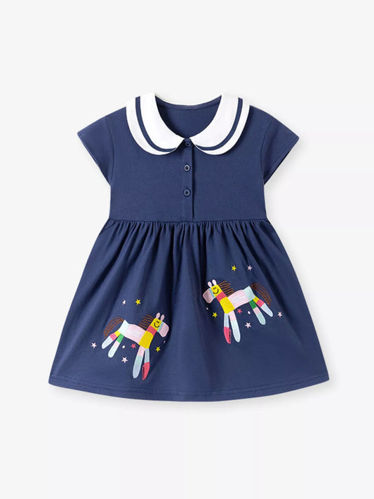 Children's Horse Embroidered Peter Pan Collar Dress