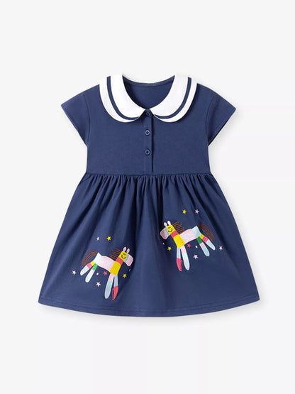 Children's Horse Embroidered Peter Pan Collar Dress