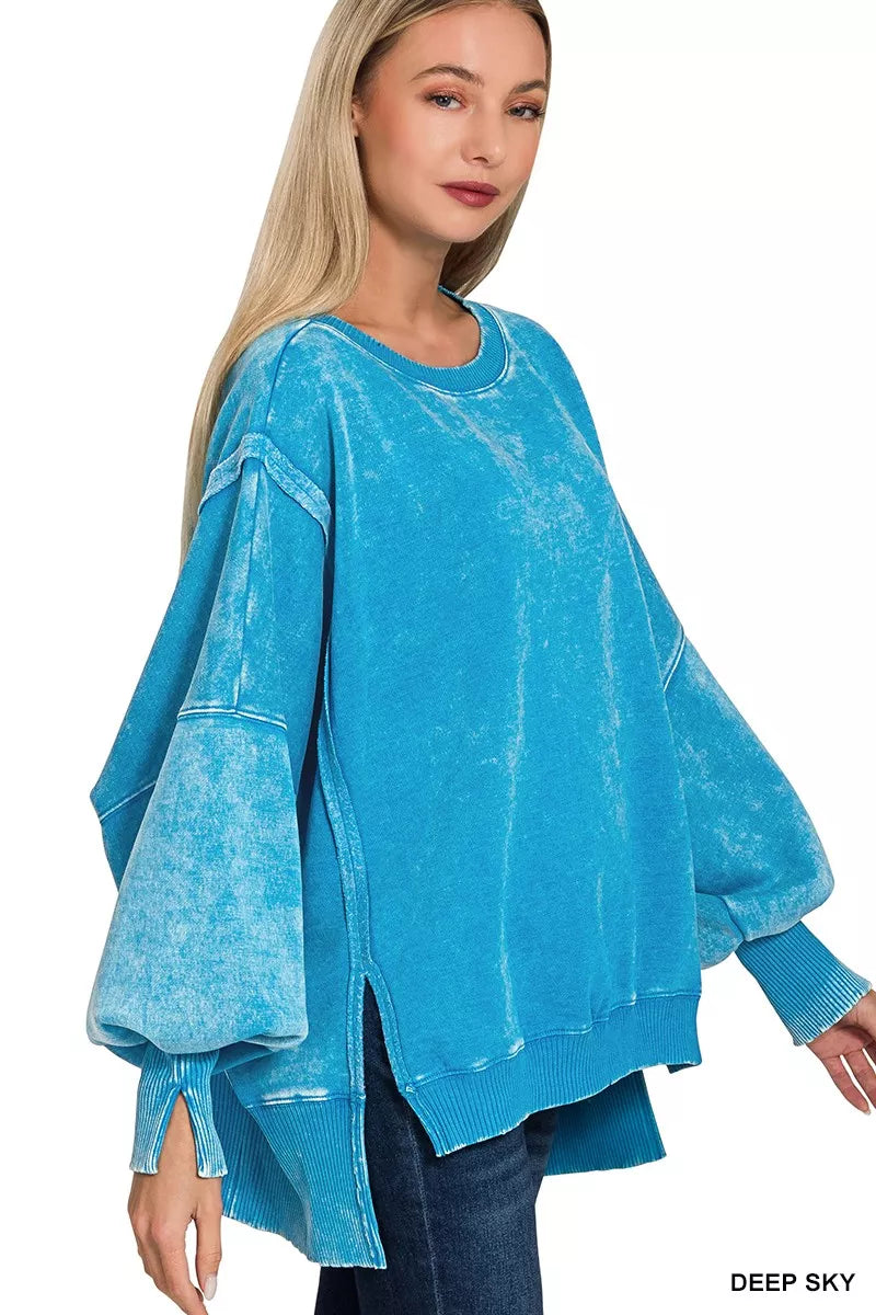 Zenana Acid Washed Batwing Sleeve Fleece Sweatshirt