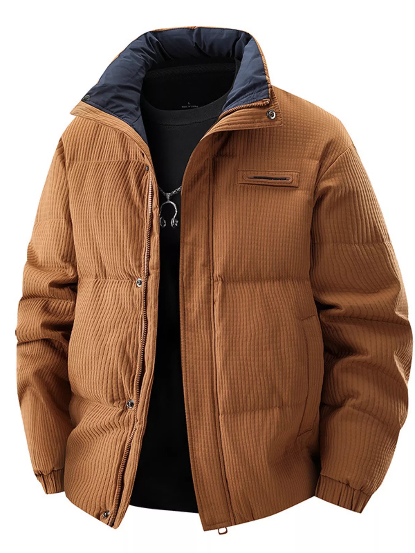 Men's Plus Size Textured Puffer Jacket with Pockets