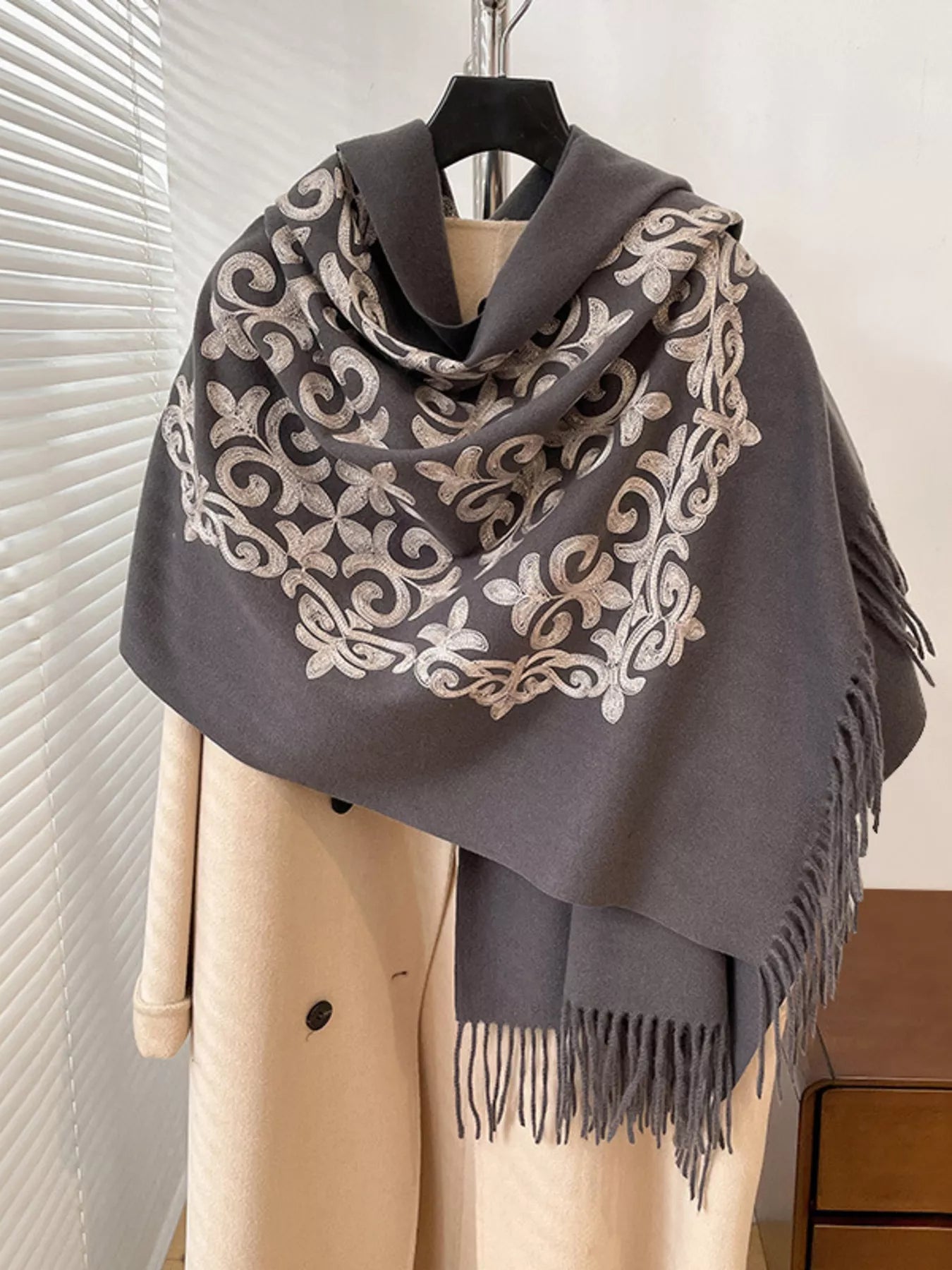 Embroidered Fringe Scarf