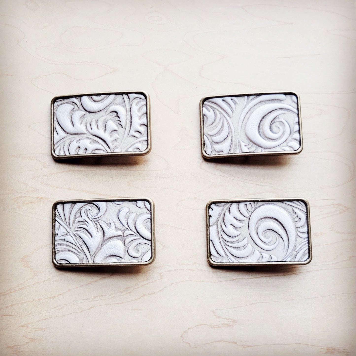 **Rectangle Sandy White Floral Leather Belt Buckle 906ff