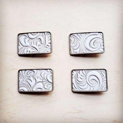 **Rectangle Sandy White Floral Leather Belt Buckle 906ff